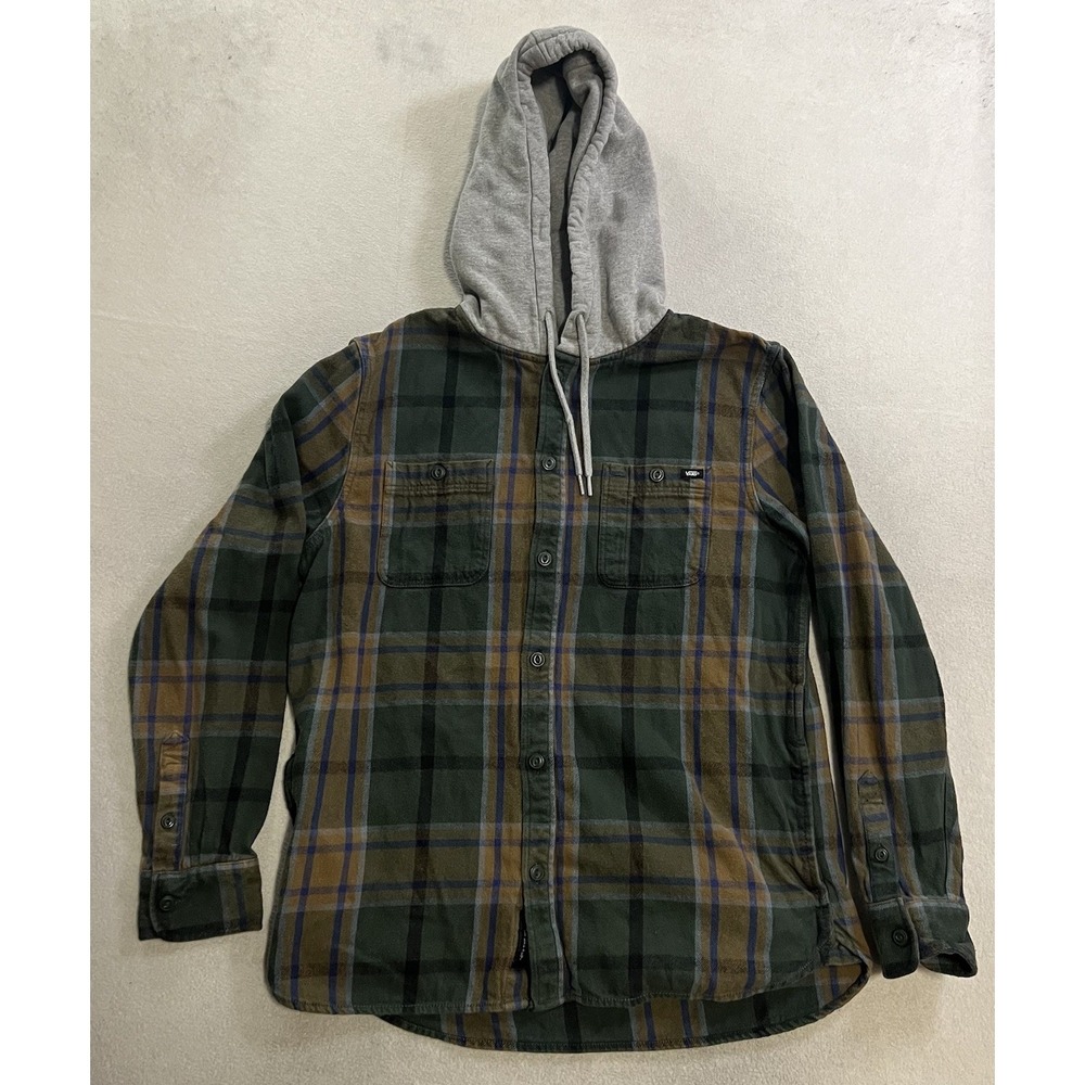 Vans Hooded Flannel Shirt Men's Size Medium Plaid Button Up Long Sleeve Skater
